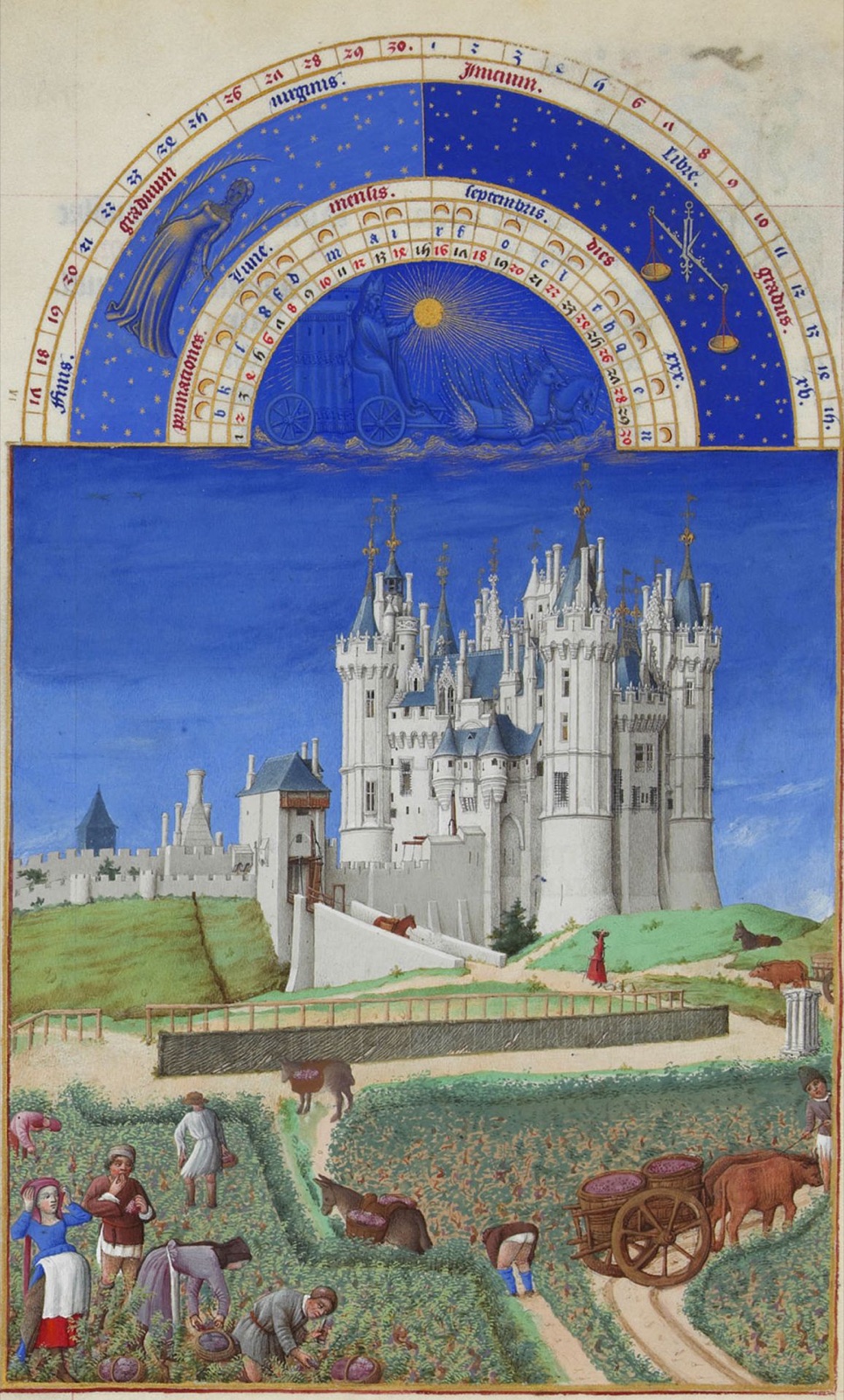 Grape harvesters work below the Château de Saumur in a medieval manuscript illumination.